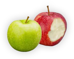 Ein grüner und ein roter angebissener Apfel